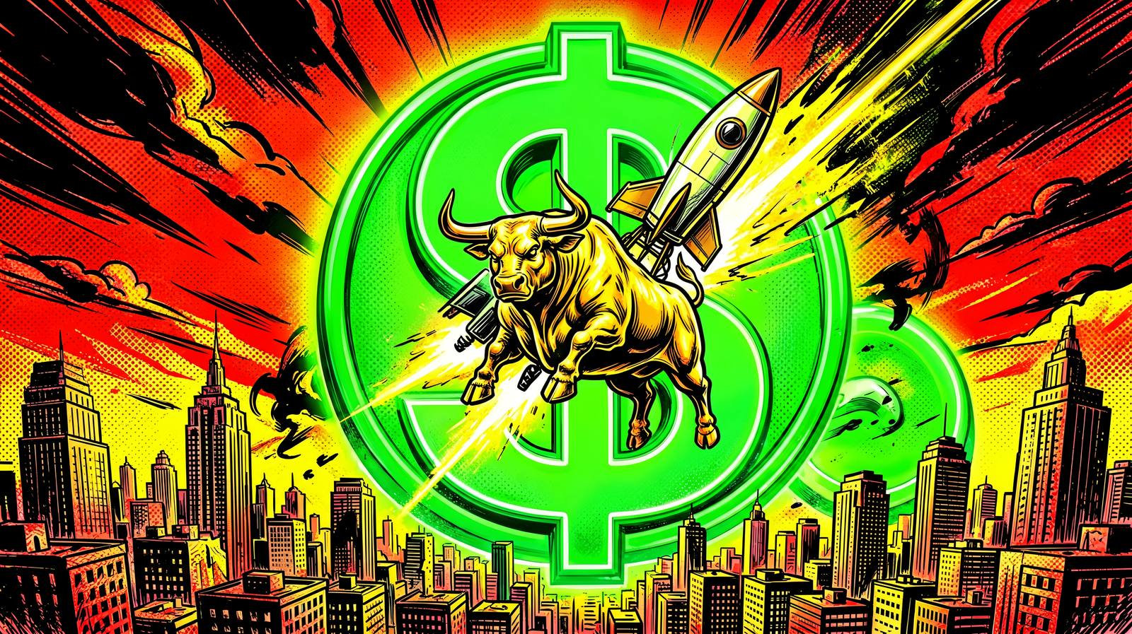 Golden bull bursting through a dollar ring